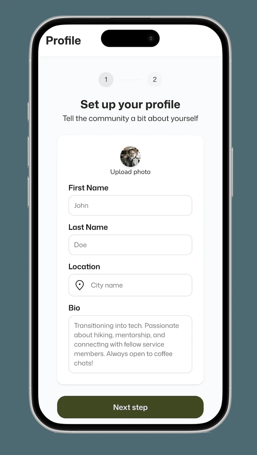 Profile setup screen